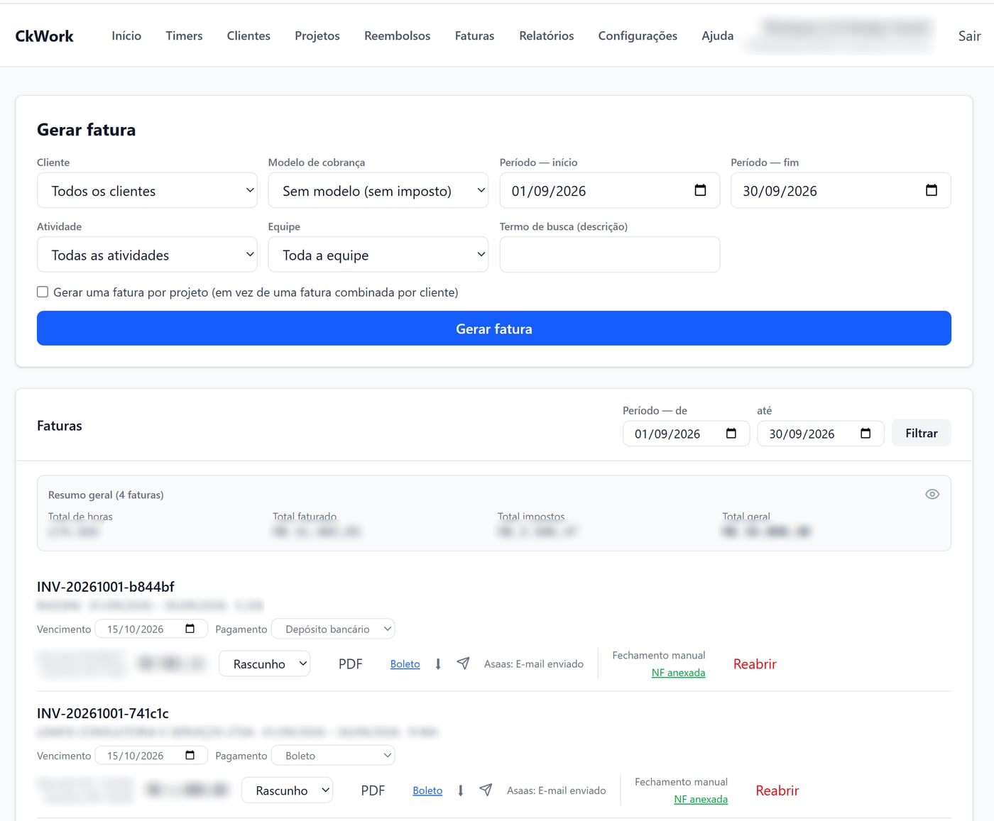 Tela de faturamento do CkWork com geração de faturas, boleto, envio por e-mail e nota fiscal anexada