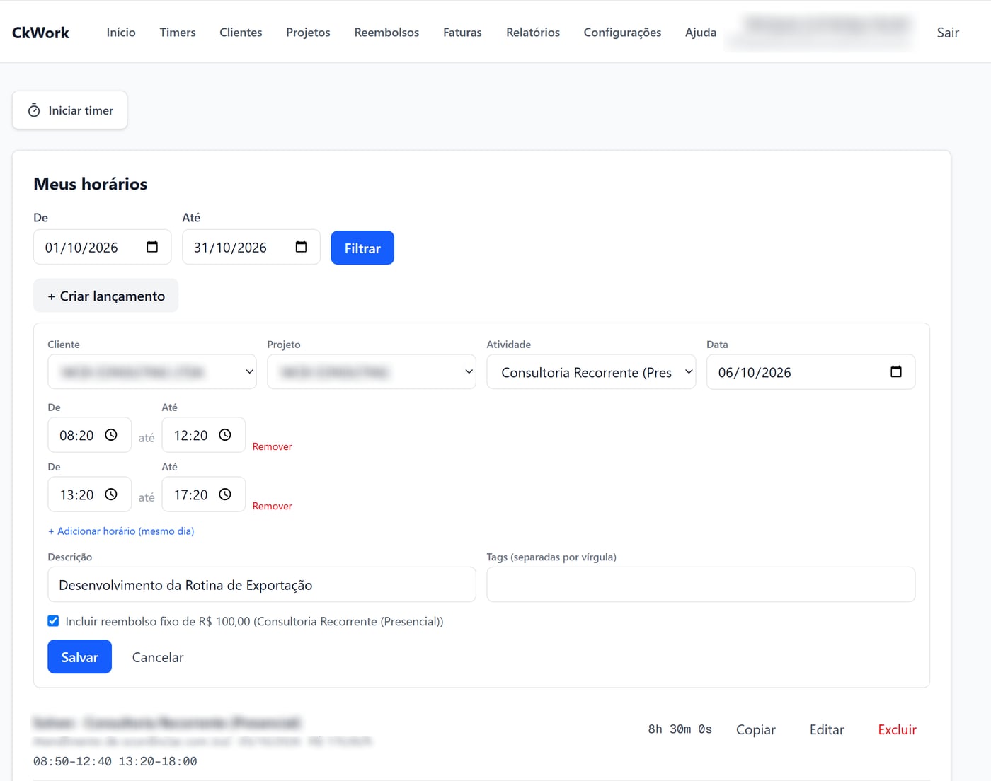 Tela de lançamento de horas do CkWork com cliente, projeto, atividade e vários blocos de horário no mesmo dia